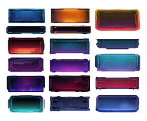 A collection of futuristic user interface button elements with neon glowing effects, perfect for game design and digital applications isolated on transparent background