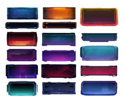 A collection of futuristic user interface button elements with neon glowing effects, perfect for game design and digital applications isolated on transparent background