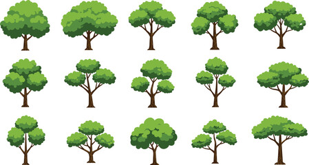 Fototapeta premium Cartoon green tree collection, vector tree illustrations for landscape design, stylized forest foliage elements, flat nature environment asset pack Cartoon green tree collection