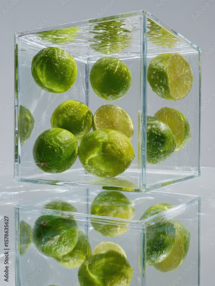 Poster floating limes suspended in a transparent cube structure create a surreal and refreshing visual expe
