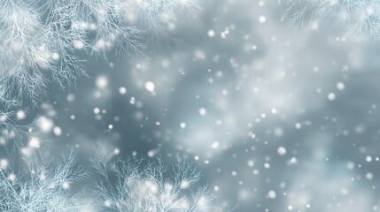A softly blurred winter scene features delicate, snow-laden branches framing a softly falling snow effect against a muted blue-grey background.  The overall mood is serene and peaceful