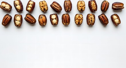 Dates Stuffed with Nuts on White Background, Top Border, Copy Space