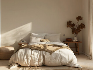 A tranquil bedroom with a neutral-toned bed, natural lighting, and earthy decor, offering a peaceful space for relaxation and quiet moments of comfort and simplicity.