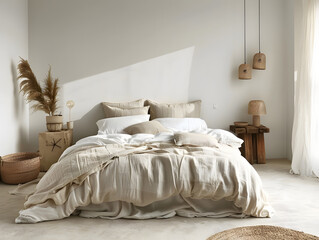 A minimalist bedroom featuring white bedding, wooden furniture, and soft natural light, creating a peaceful and refreshing environment for a restful retreat.