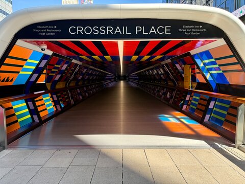 Colourful entrance of Crossrail Place is a complex built in the  West India Docks in London's Canary Wharf, as part of the railway project Crossrail. It contains Canary Wharf railway station.No people