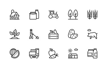 Agriculture related vector linear icons set. Isolated icon collection such as agriculture, agro, farm, farmer, agricultural machinery and more.