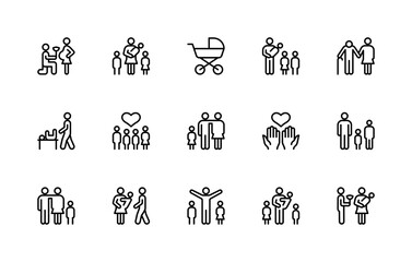 Family related vector linear icons set. Isolated icon collection such as parenting, care, child, baby, family, parents, mother, father, children and more.