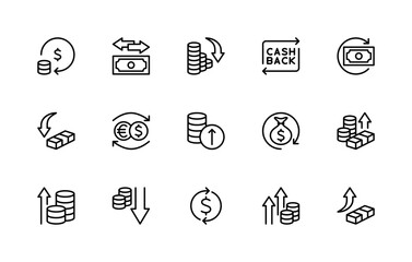 Money movement related vector linear icons set. Isolated icon collection such as banking, fintech, economy, business, wired, profit, win and more.