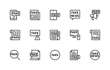 Fake News related vector linear icons set. Isolated icon collection such as incorrect information, fake news, disinformation, false, untrue and more.
