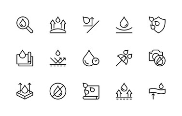 Water resistance related vector linear icons set. Isolated icon collection such as sealed, leak, splashproof, magnify, safety and more.
