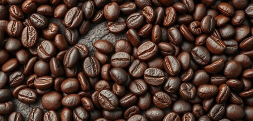 Fototapeta premium Deep brown, oily roasted coffee beans, uneven surface, some cracks, organic, macro