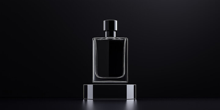 Elegant black perfume bottle displayed on a reflective pedestal against a dark backdrop