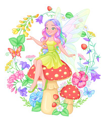 Beautiful fairy with wings sitting on a mushroom surrounded by flowers. Cartoon vector illustration.