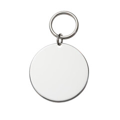 A blank silver metal round keychain is isolated on a transparent background, ready for personalization or branding