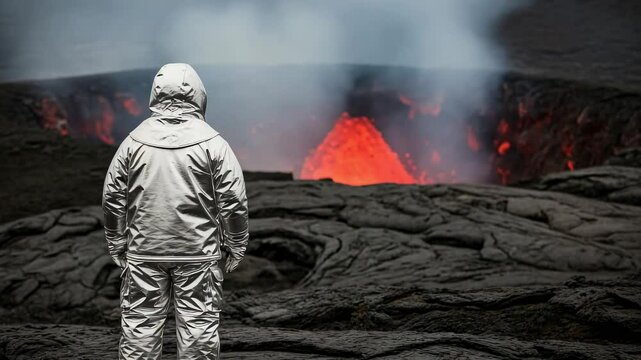 A person in a silver heat resistant suit stands on the edge of an active volcano crater. Volcanologist exploring a dangerous environment with molten lava and smoke.