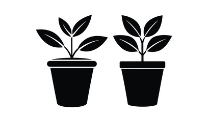 Obraz premium Two simple black silhouette potted plants with green leaves on a white background
