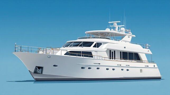 White motor yacht on blue background, nautical theme, leisure transport vessel