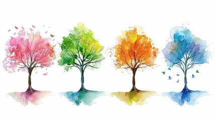 A single minimalist watercolor tree transforming through four seasons with subtle color changes, perfect for nature education in preschools.