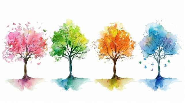A single minimalist watercolor tree transforming through four seasons with subtle color changes, perfect for nature education in preschools.