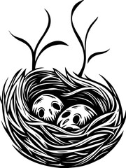 Fototapeta premium SVG of a bone skeleton tattoo featuring ships and eerie graveyards. Intricate Black and White Nest Illustration with Two White Eggs