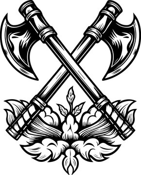 SVG of a bone skeleton tattoo featuring ships and eerie graveyards. Crossed Axes with Floral Design in Black and White Artwork