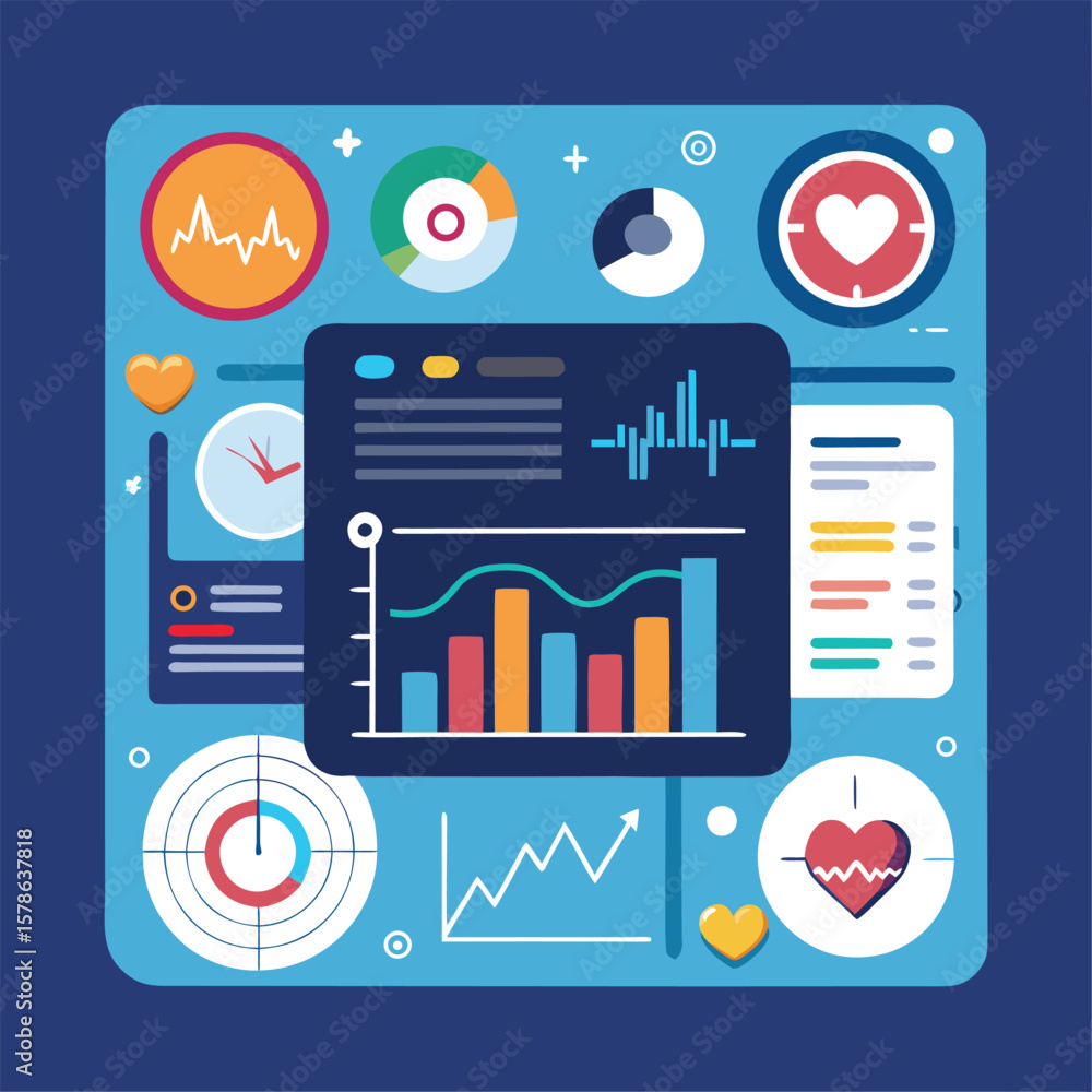Poster abstract representation of medical charts and health indicators with heart rate and diagnostic data 