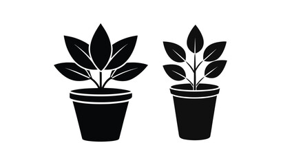 Obraz premium Two simple black silhouette icons of potted plants with green leaves on a white background