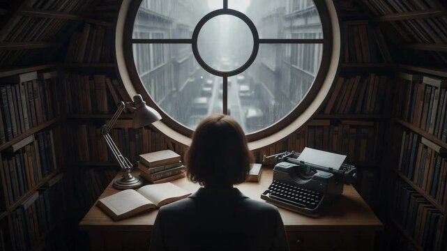 Woman writer at a desk with a vintage typewriter in a cozy attic library. Solitary author working in a study overlooking a rainy city through a large round window.