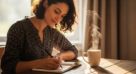 Woman writing in notebook at wooden table