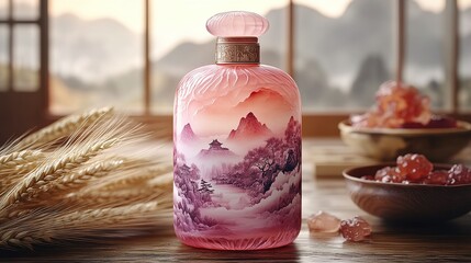 Pink liquor bottle label with ink - wash landscape and building pattern, beside wheat ears echoing misty mountains in background, showing elegant style blending traditional and natural