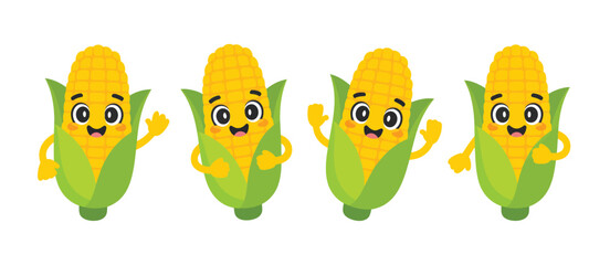 Four happy cartoon corn cobs with arms and legs waving hello