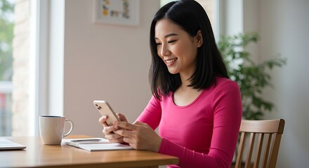 Young smiling pretty woman holding smartphone using cell mobile phone taking break relaxing while remote working or learning from home sitting on chair at table. Generative AI
