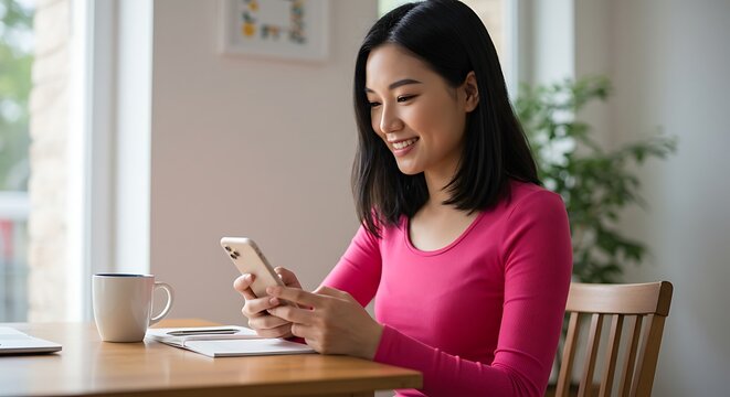 Young smiling pretty woman holding smartphone using cell mobile phone taking break relaxing while remote working or learning from home sitting on chair at table. Generative AI