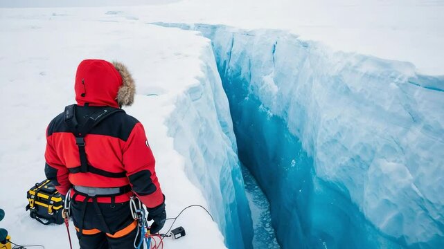 Explorer in a red parka standing at the edge of a massive glacier crevasse. Scientist conducting research in a polar environment with equipment.