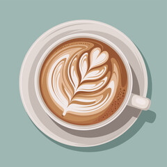 Overhead view of a delicious latte with intricate art on a saucer