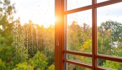 Open window, rain, sunset view