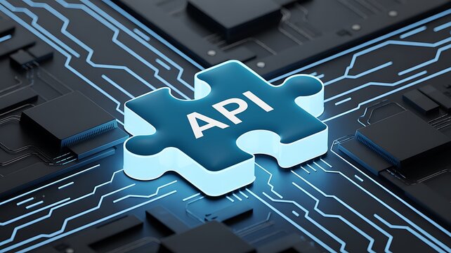 API integration concept displays software development with a puzzle piece on a circuit board for system connections.