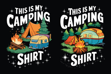 Camping scene with camper and tent campfire trees