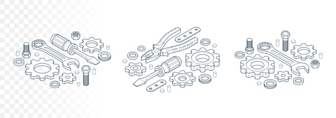 Repair and maintenance concept set, technics service, gears and tools in 3D isometric projection vector illustration, technical mechanical workshop.