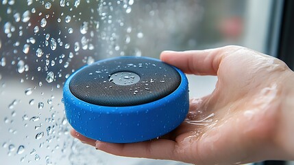 Hand holding blue waterproof Bluetooth speaker with water droplets, showcasing water - resistant feature against glass with water drops background