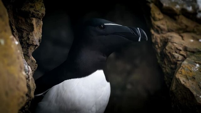Close-up of Razorbill standing guard in rock crevice, dark bird with black feathers, white belly, and striped head, bird nesting.