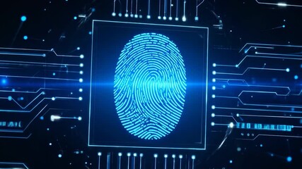 Neon blue fingerprint in a circuit board-like setting - Powered by Adobe