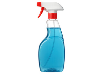 Studio shot of a blue plastic spray bottle filled with cleaning liquid, isolated on transparent background