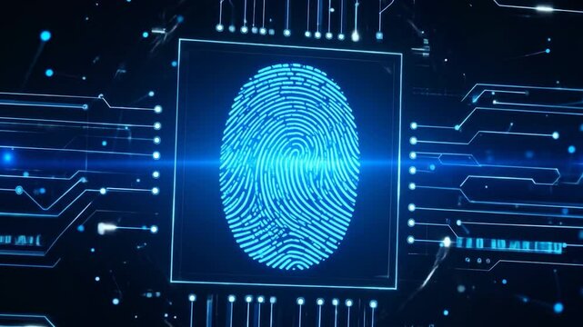 Neon blue fingerprint in a circuit board-like setting - Powered by Adobe