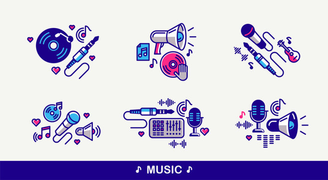 Music and sound producing vector detailed icons set, recording studio mix audio, audio engineering bundle.