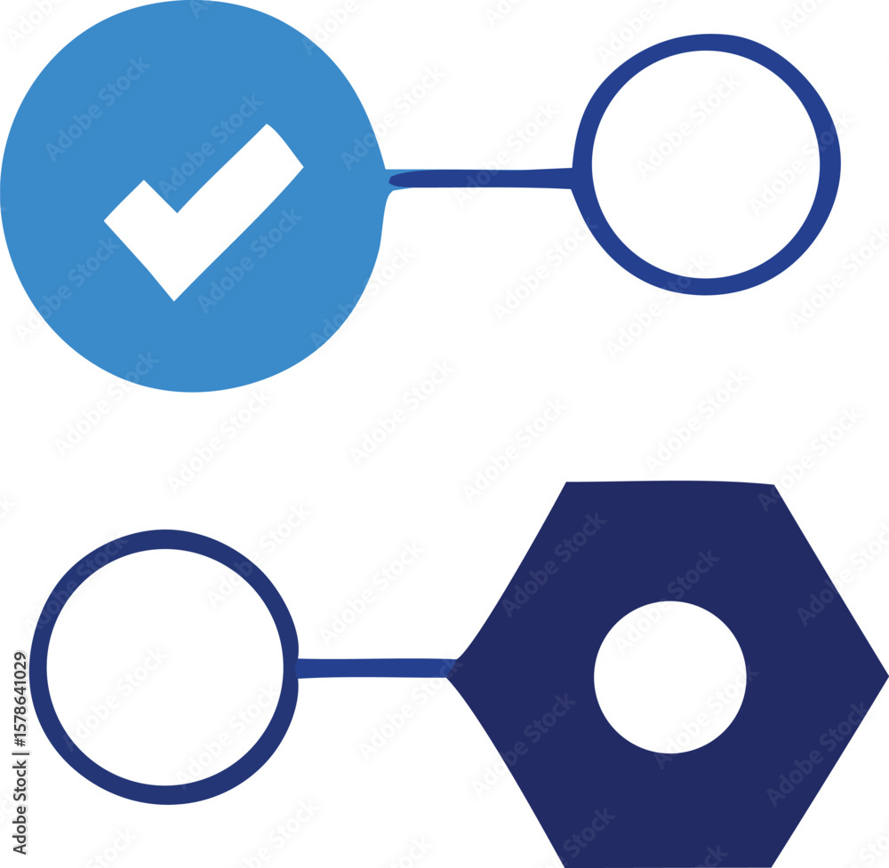 Poster two abstract geometric shapes connected by lines one a blue circle with a white checkmark the other 