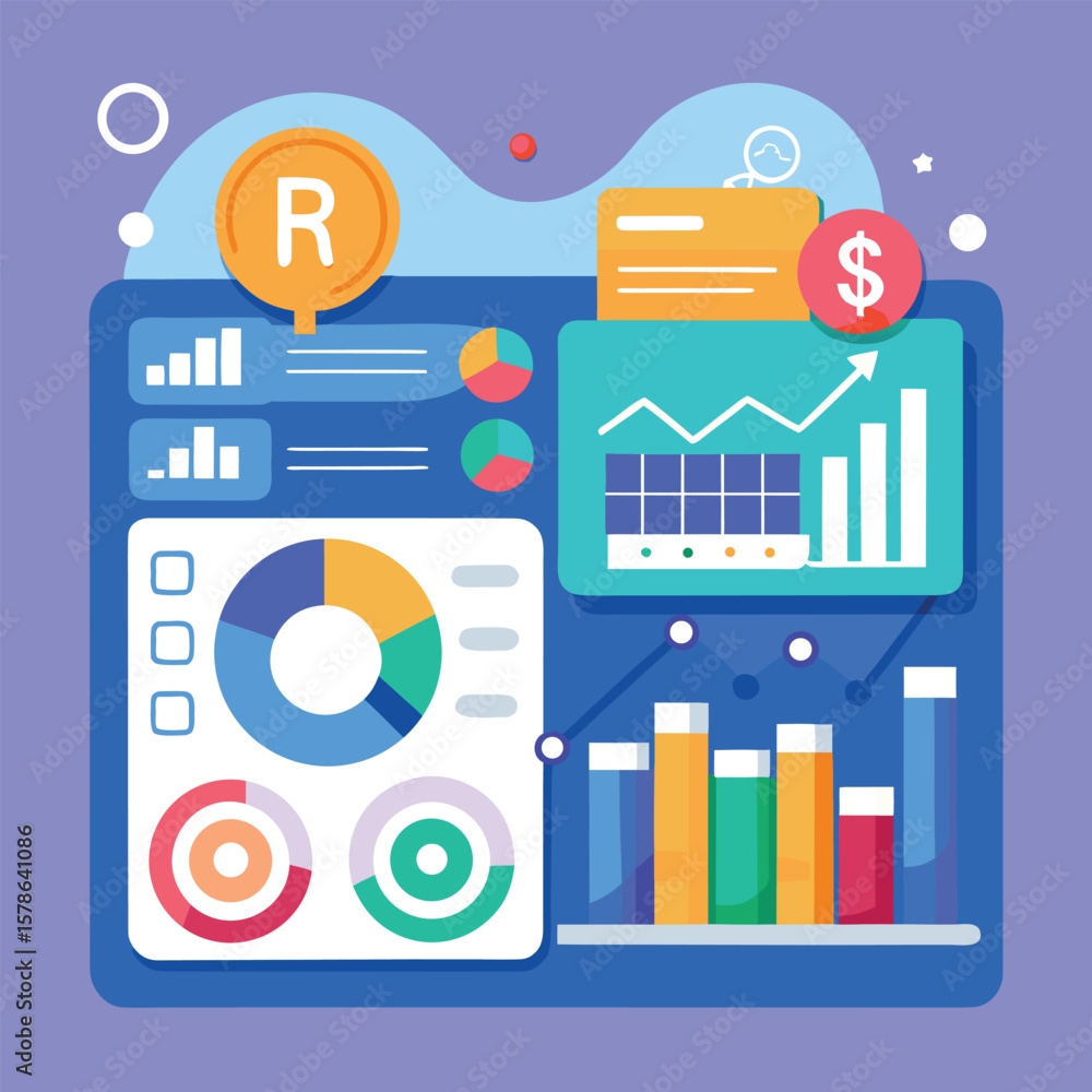 Poster colorful data visualization on a digital screen representing financial statistics and business analy