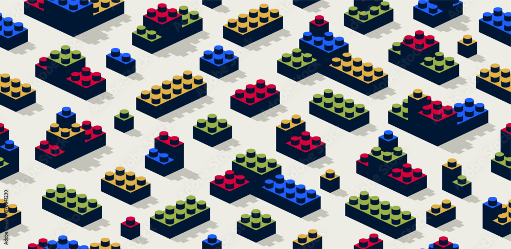 Poster toy constructor seamless pattern, isometric vector toy bricks tiling wallpaper, children game constr