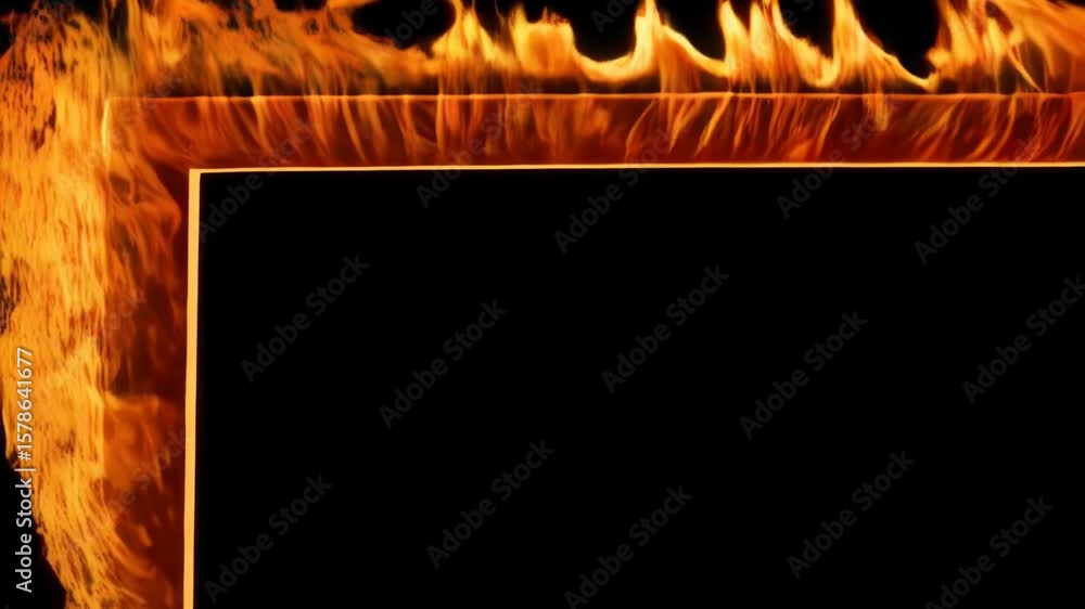 Poster fiery frame graphic with intense orange flames surrounding a rectangular border against a stark blac