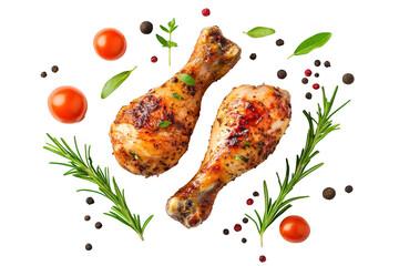Top view of chicken drumsticks with cherry tomatoes, pepper and rosemary isolated on a cutout PNG transparent background